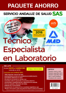 Portada de PAQUETE AHORRO TECNICO ESPECIALISTA EN LABORATORIO DEL SERVICIO ANDALUZ DE SALUD. (TEMARIO COMUN Y TEST; TEMARIO ESPECIFICO      VOL 1 Y 2; TEST Y CASOS PRACTICOS; SIMULACROS DE EXAMEN Y ACCESO CAMPU